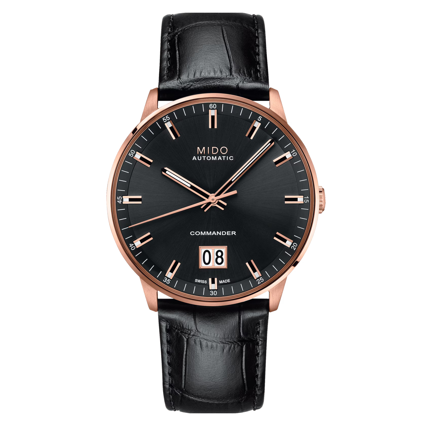 Mido Commander Big Date (noir, or rose, bracelet cuir)