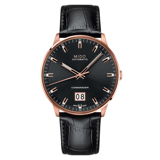 Mido Commander Big Date (noir, or rose, bracelet cuir)