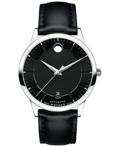 Montre automatique Movado 1881 pour homme, cadran noir, cuir noir