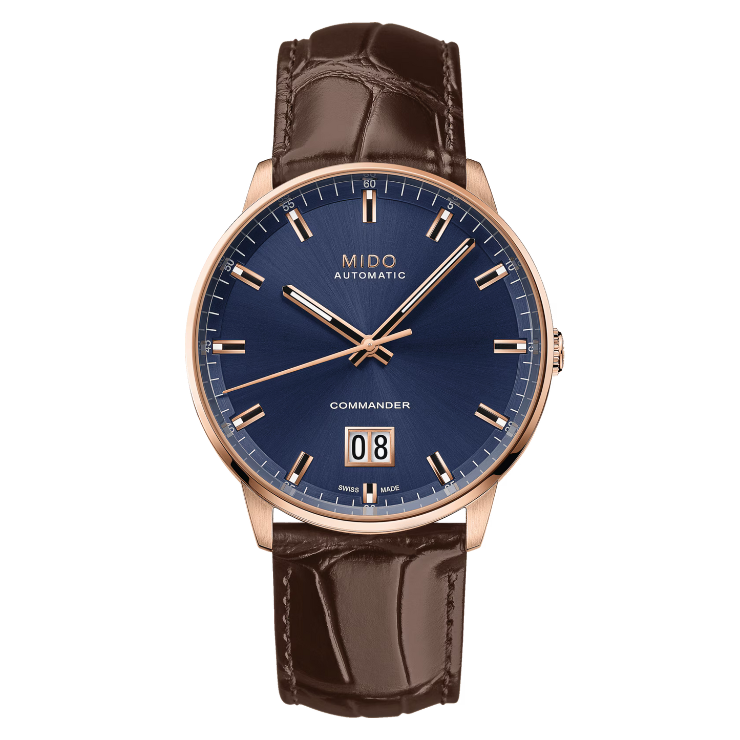 Mido Commander Big Date (Bleu, Or Rose, Bracelet Cuir)