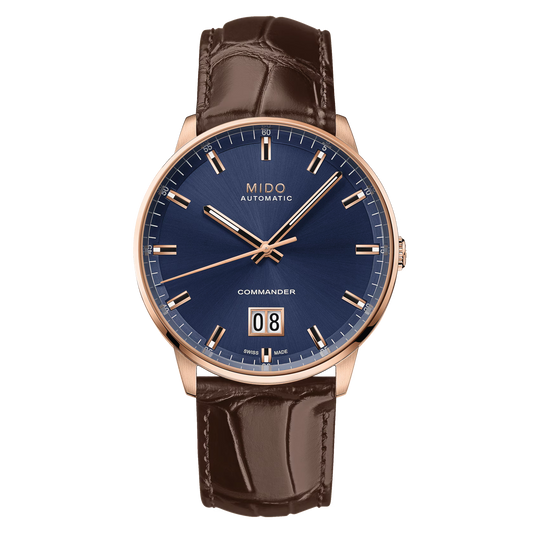Mido Commander Big Date (Bleu, Or Rose, Bracelet Cuir)