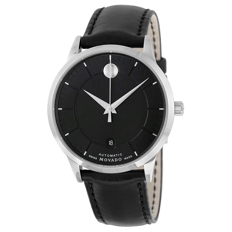 Montre automatique Movado 1881 pour homme, cadran noir, cuir noir